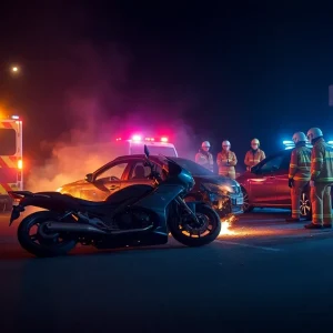 Scene of a motorcycle crash involving a car with emergency responders at the site.