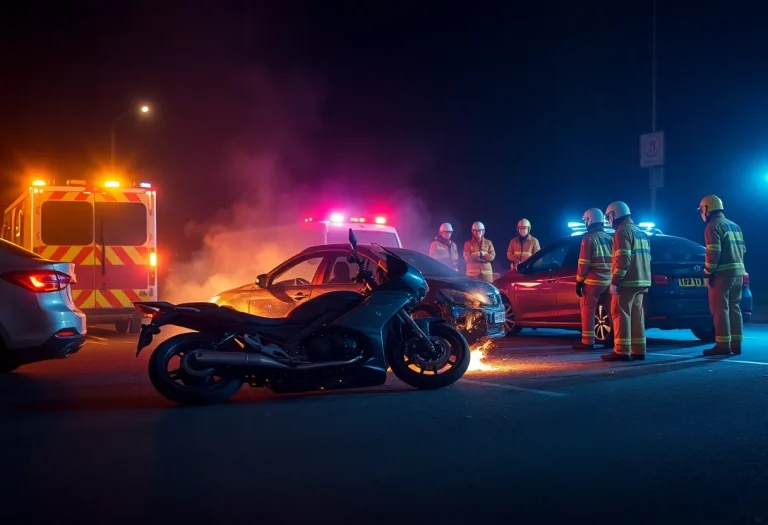 Scene of a motorcycle crash involving a car with emergency responders at the site.
