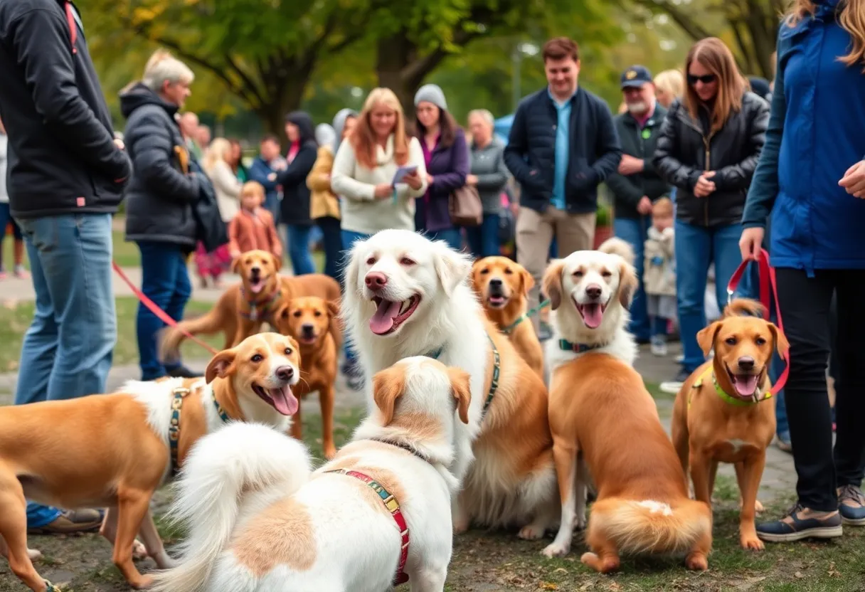 Participants at the Mutt Strut fundraiser with dogs