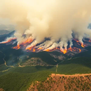 Aerial view of New Mexico wildfires burning large areas with smoke