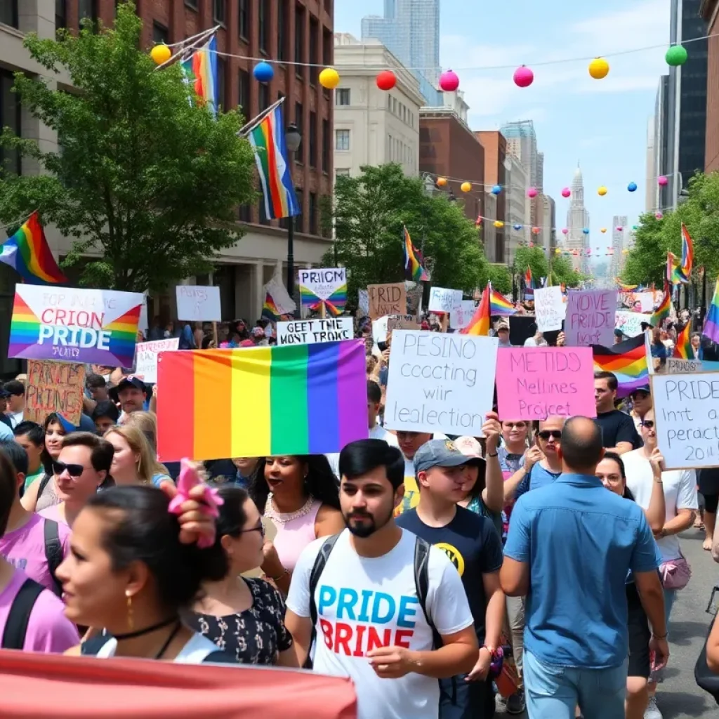 Participants at the No Kings protest in downtown Lexington wearing pride colors