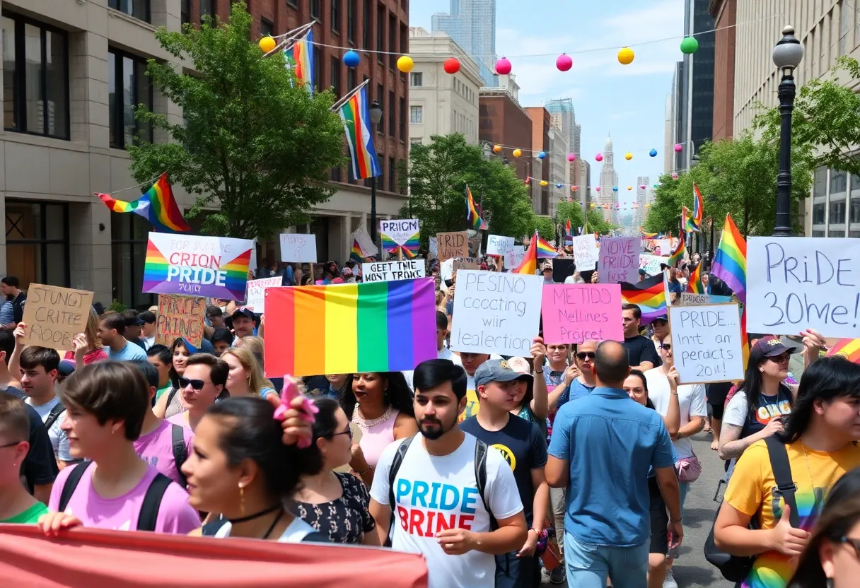 Participants at the No Kings protest in downtown Lexington wearing pride colors