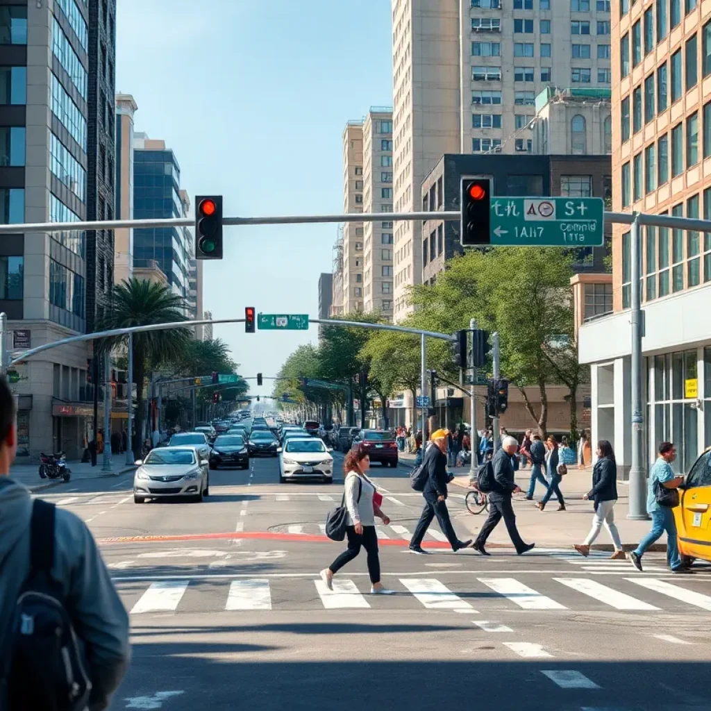 Pedestrians at a busy intersection with traffic signs promoting safety.