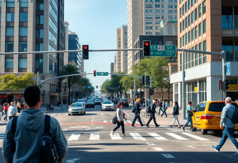 Pedestrians at a busy intersection with traffic signs promoting safety.
