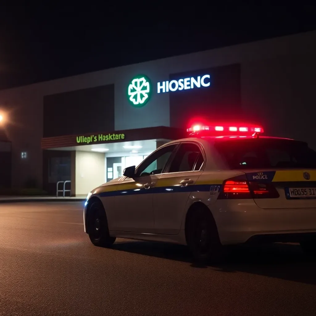 Police car at a hospital scene with flashing lights