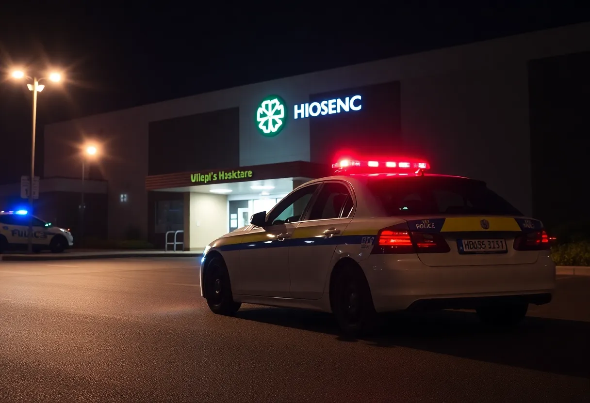 Police car at a hospital scene with flashing lights