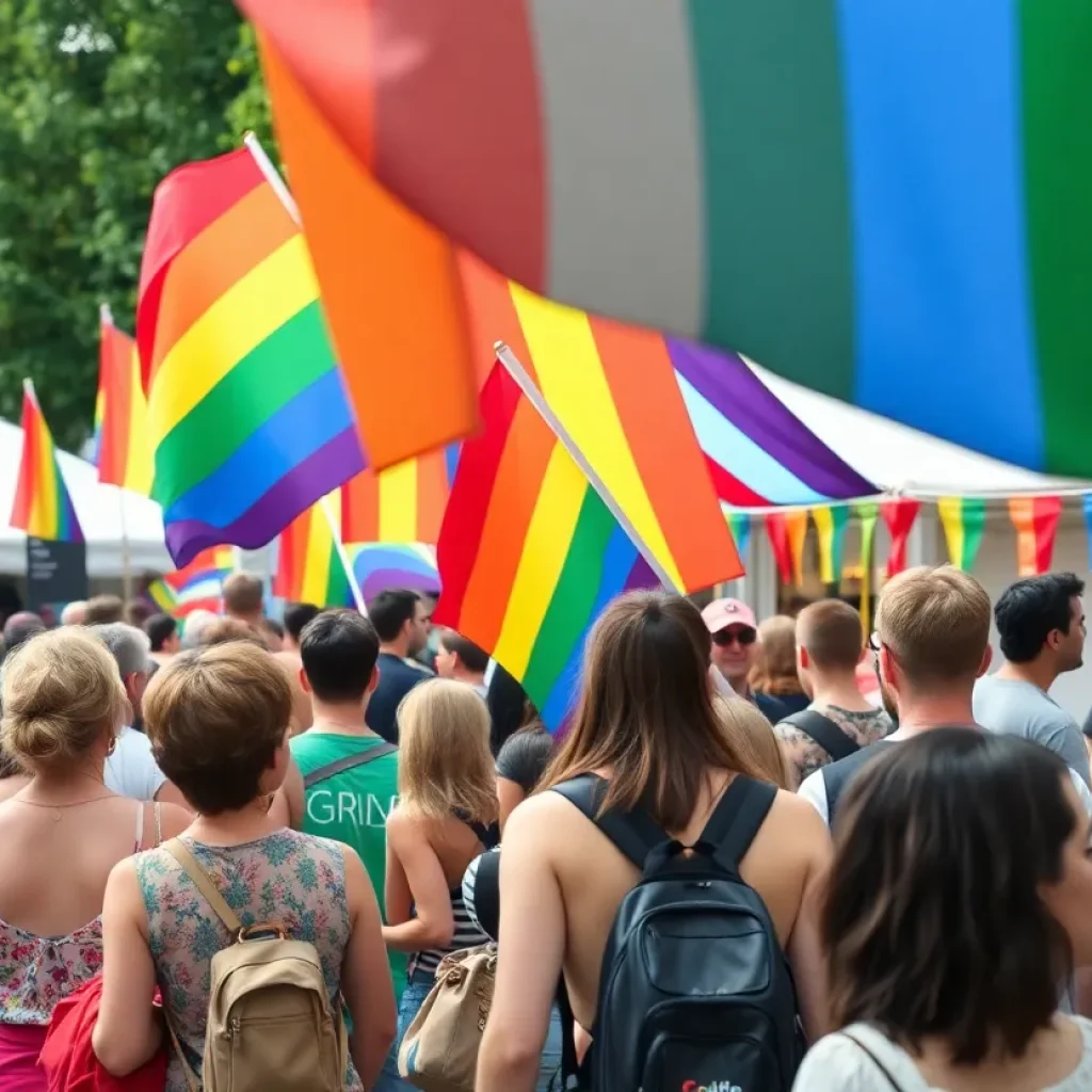 Diverse crowd celebrating at a Pride Festival with rainbow flags.
