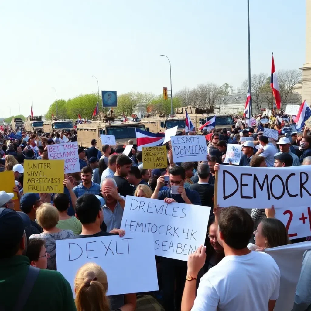 Crowd protesting in support of democracy during a military event
