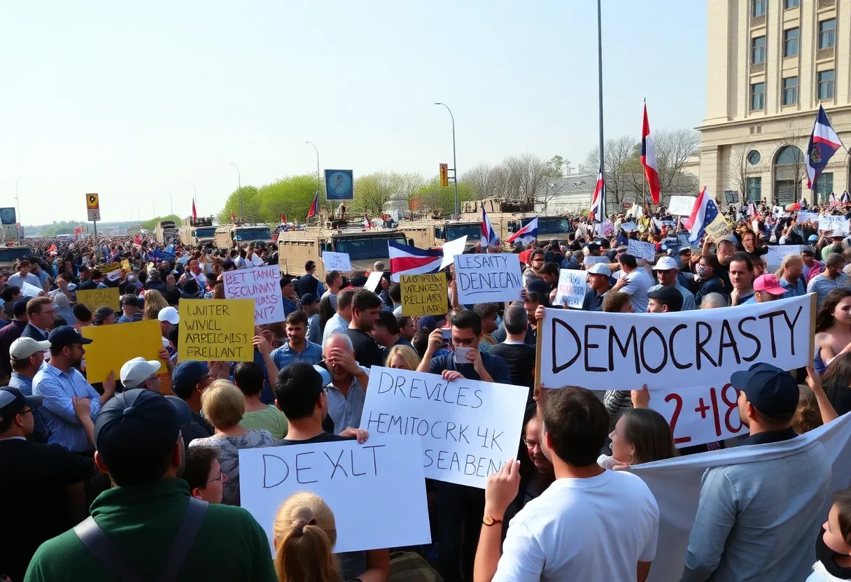 Crowd protesting in support of democracy during a military event