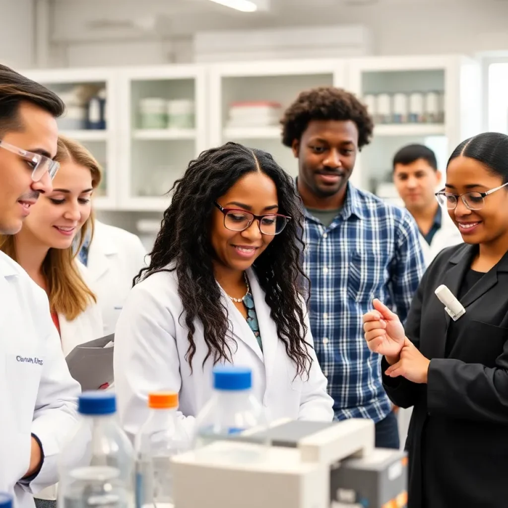 Diverse scientists collaborating in a research laboratory.