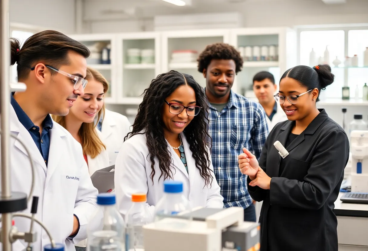 Diverse scientists collaborating in a research laboratory.