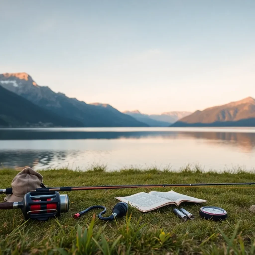 Serene lake during sunset with fishing gear