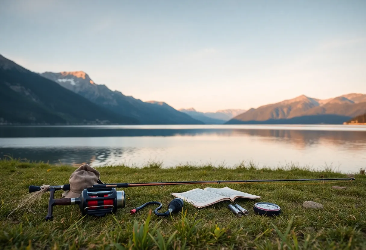 Serene lake during sunset with fishing gear