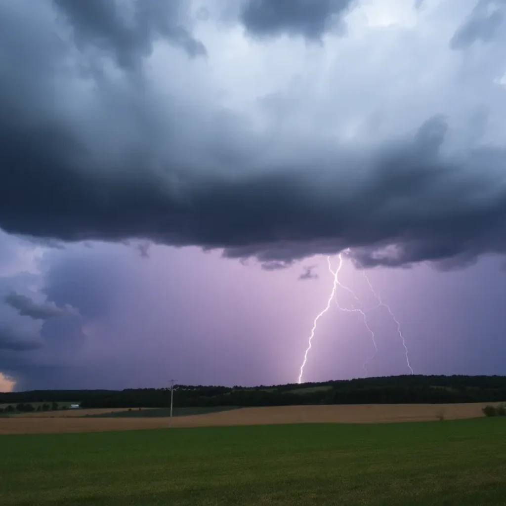 Dark storm clouds over a rural area in Kentucky before severe weather