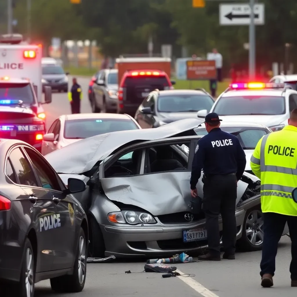 Crash scene with damaged vehicles after a police chase.