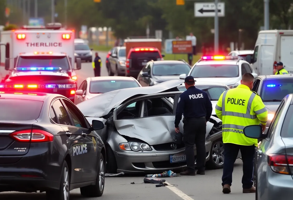 Crash scene with damaged vehicles after a police chase.