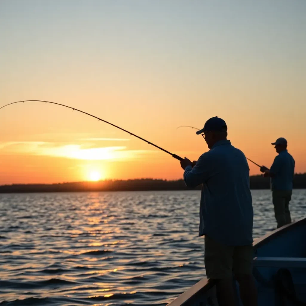 Sunset over a lake with fishermen casting lines