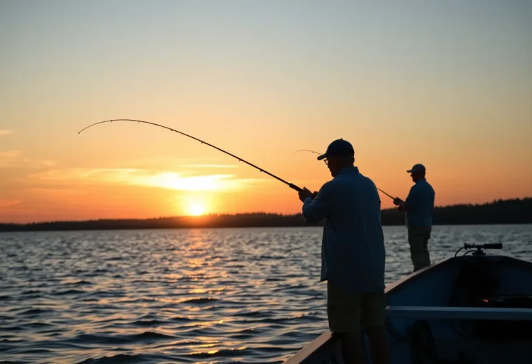 Sunset over a lake with fishermen casting lines