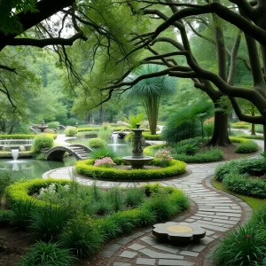 A serene woodland garden featuring meandering pathways and mature trees