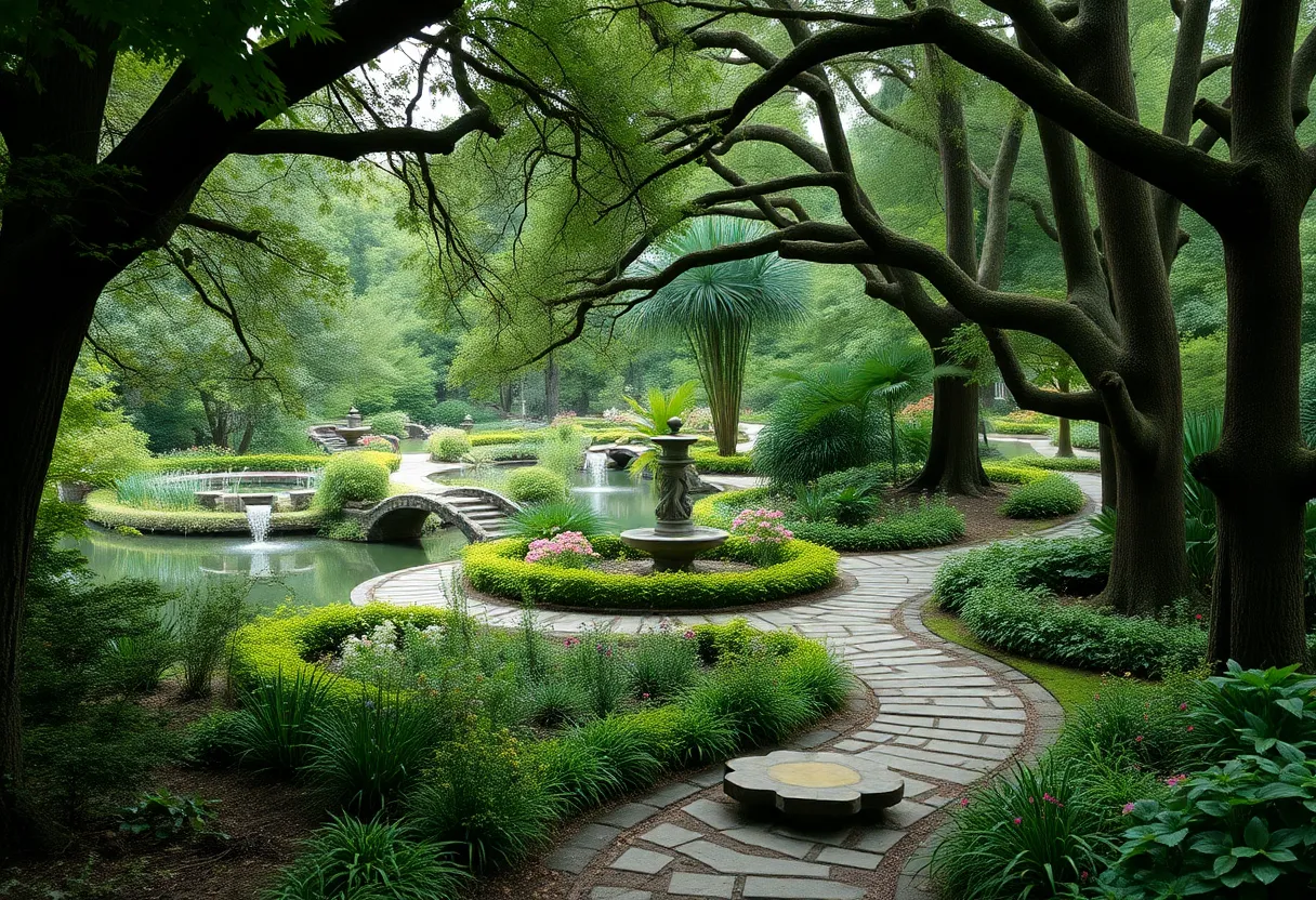 A serene woodland garden featuring meandering pathways and mature trees
