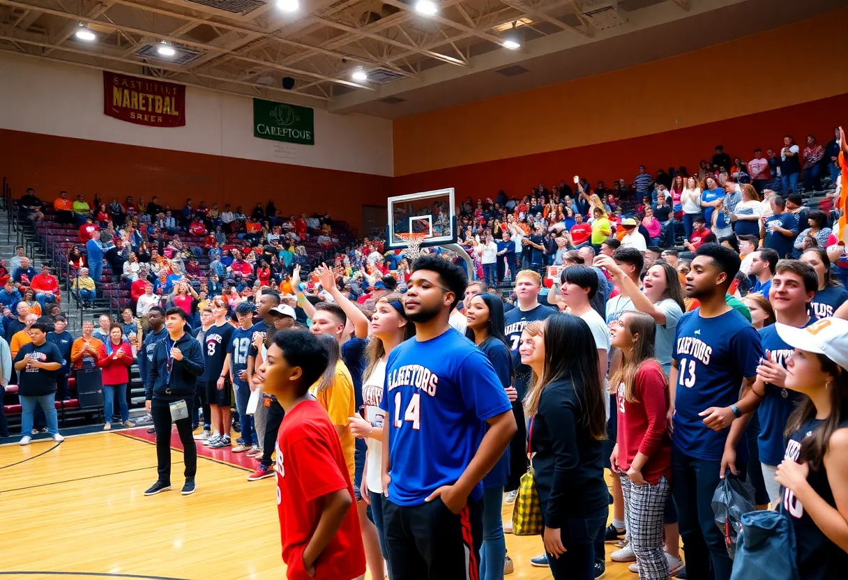 Fans cheering at a basketball court during a recruitment visit