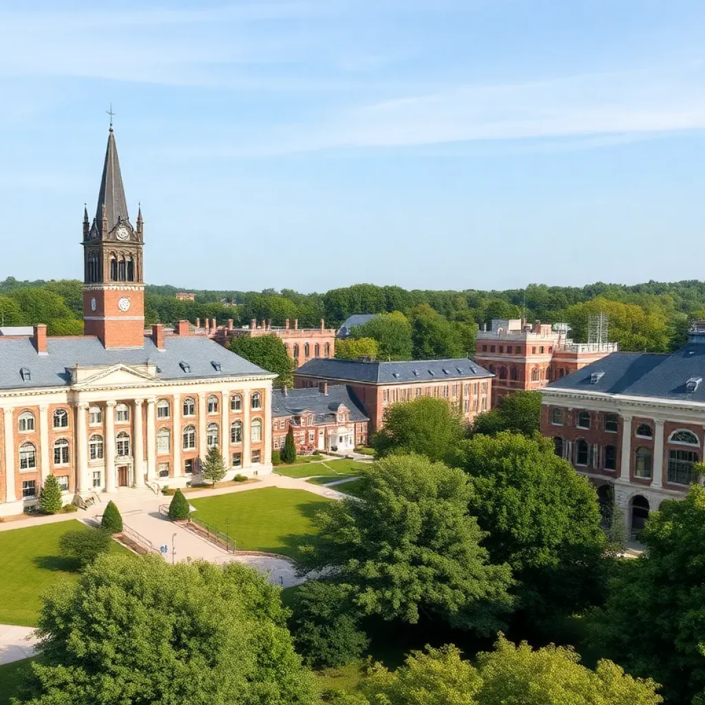 A view of the University of Kentucky campus with trees and buildings.