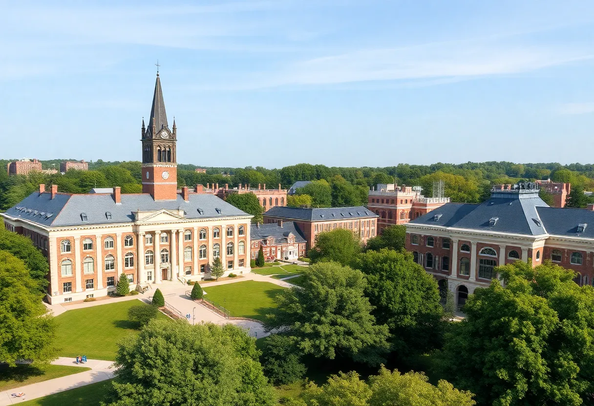 A view of the University of Kentucky campus with trees and buildings.