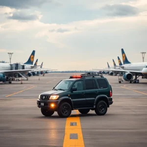 A personal vehicle on the runway of an airport with parked planes in the background.
