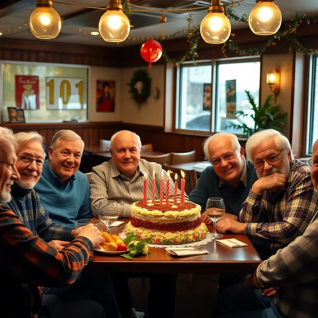 Elderly veterans enjoying a birthday celebration at White Castle.