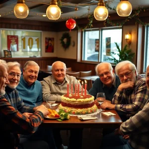 Elderly veterans enjoying a birthday celebration at White Castle.