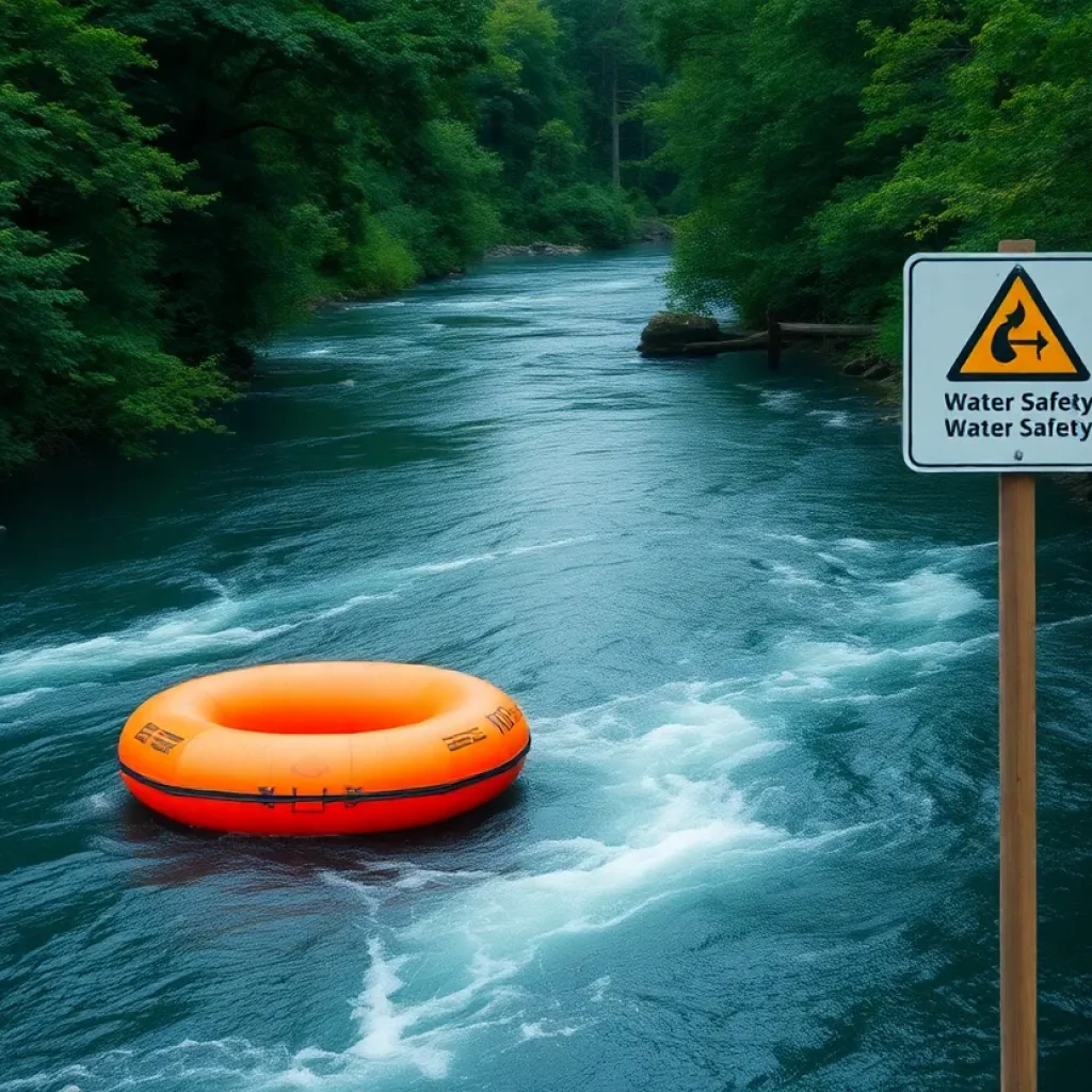 A warning sign about water safety near a river
