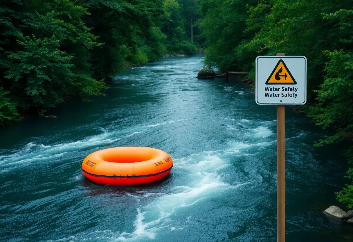 A warning sign about water safety near a river