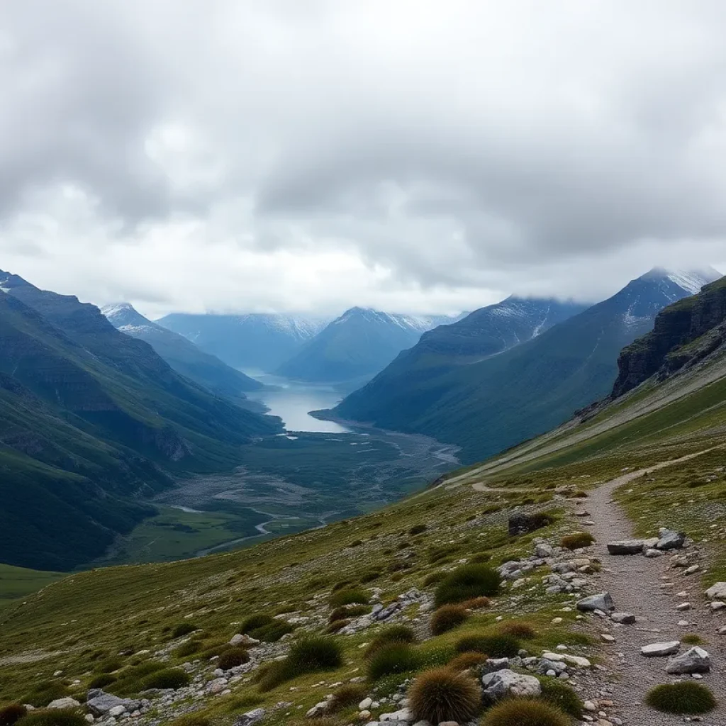 Rugged Alaskan wilderness landscape with hiking trails and mountains.