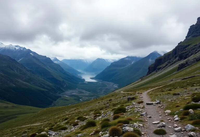 Rugged Alaskan wilderness landscape with hiking trails and mountains.