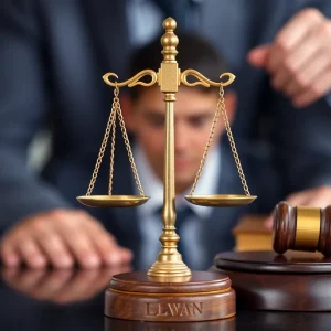 A legal setting illustrating advocacy and support, featuring symbols of justice.