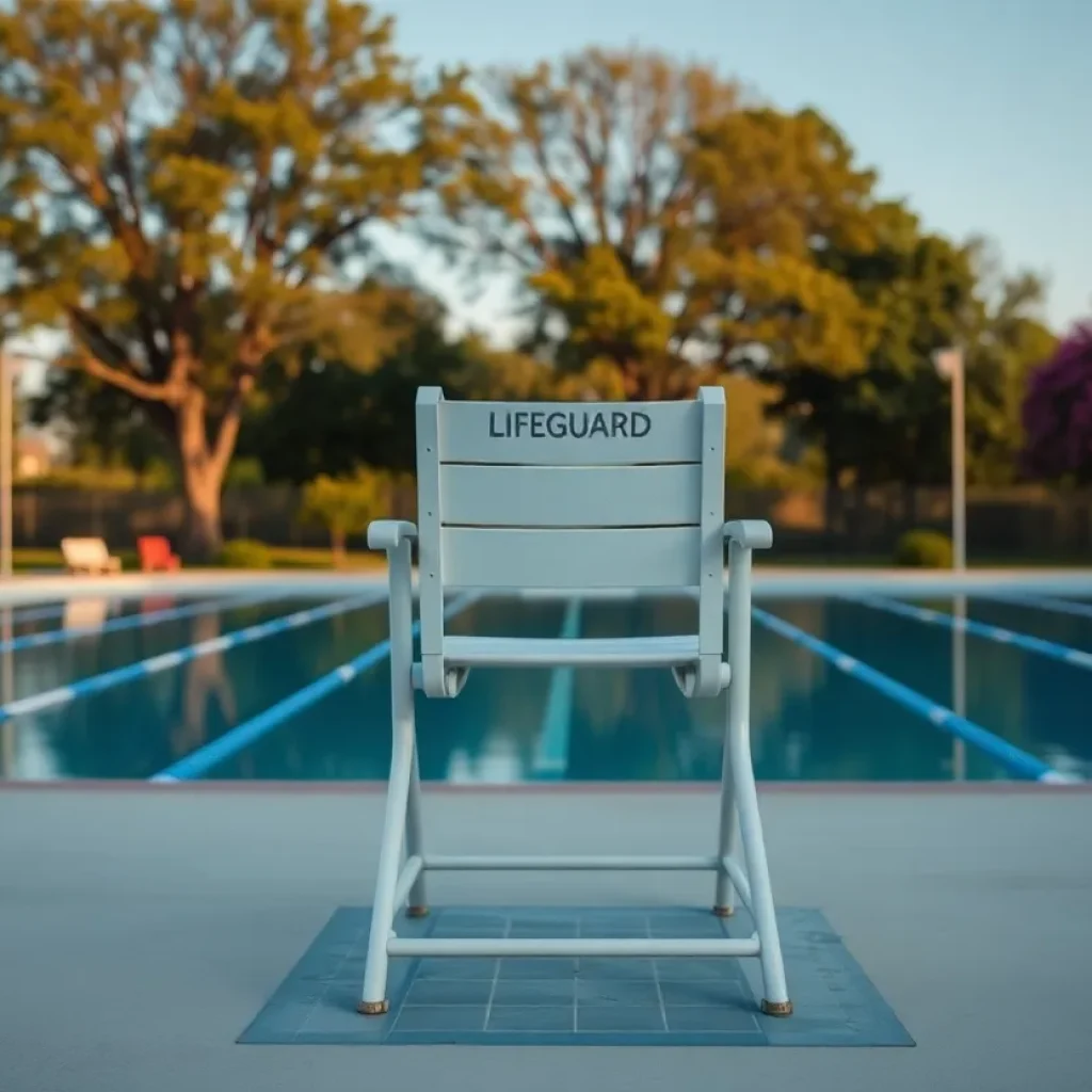 Empty lifeguard chair at a public pool surrounded by nature.