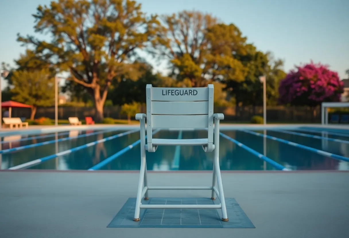 Empty lifeguard chair at a public pool surrounded by nature.