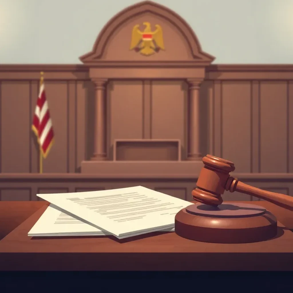 Illustration of a courtroom with legal documents and a gavel
