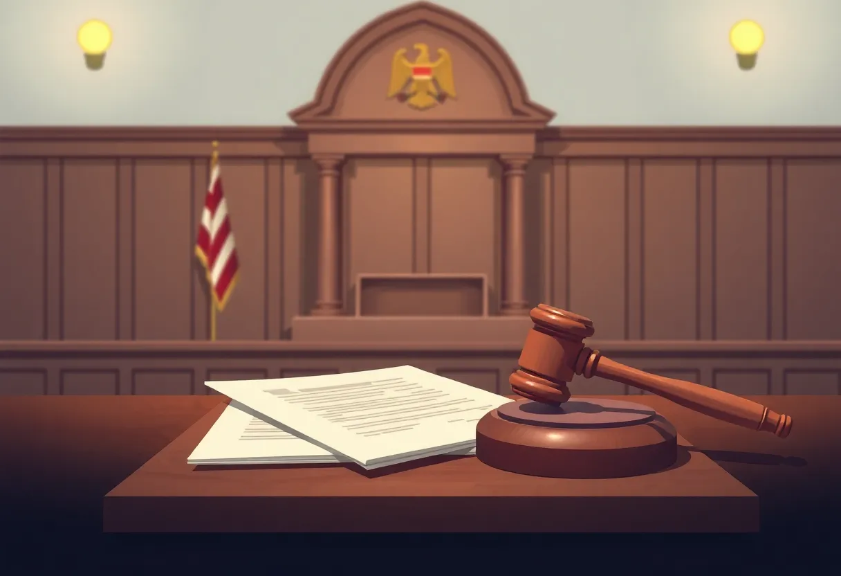 Illustration of a courtroom with legal documents and a gavel