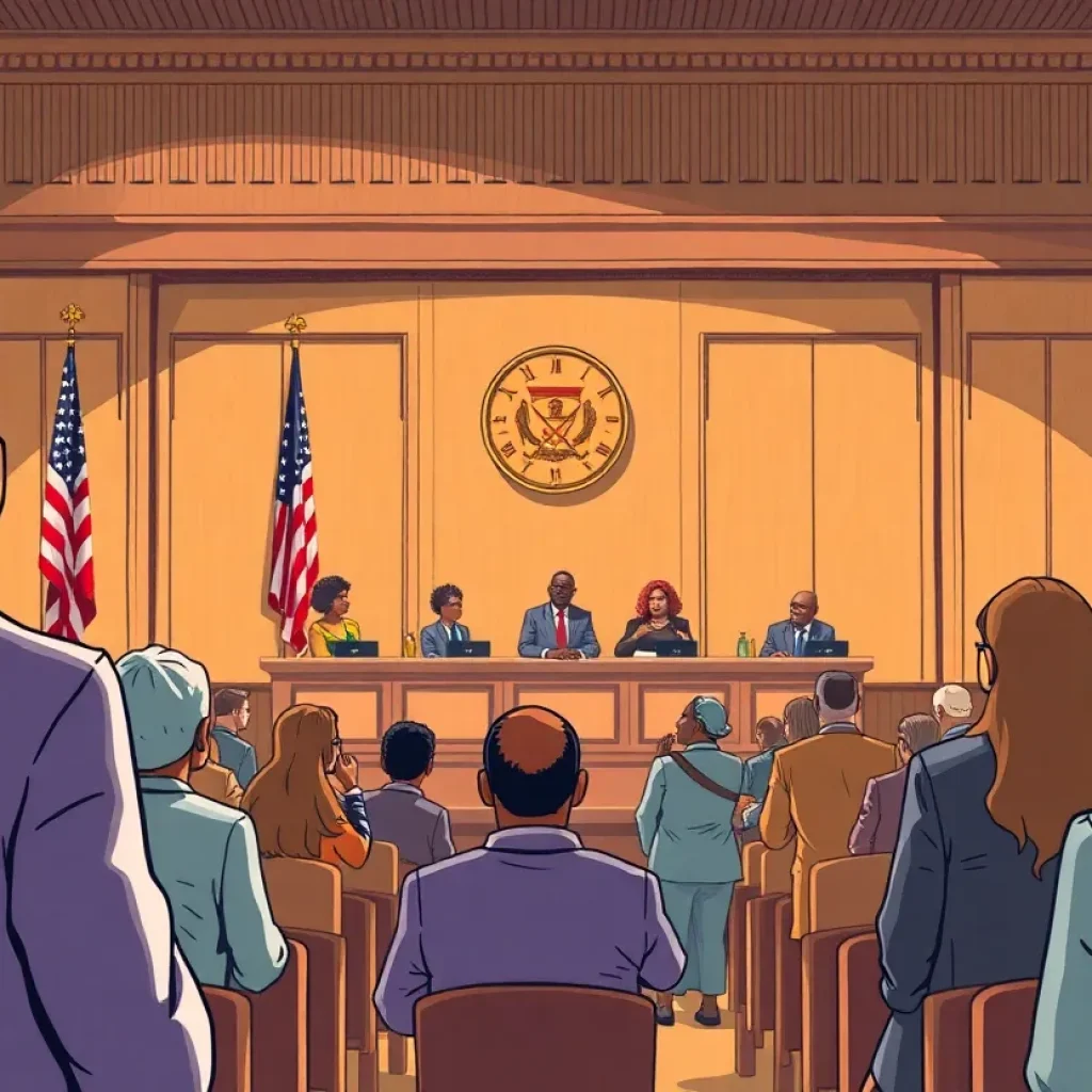 An illustration of a courtroom during a racial discrimination lawsuit
