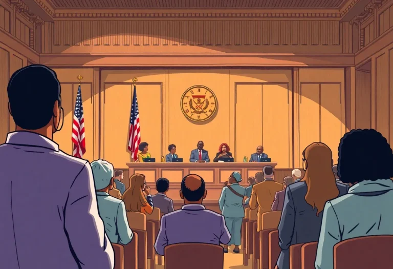 An illustration of a courtroom during a racial discrimination lawsuit