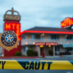 Police badge and caution tape at a motel crime scene