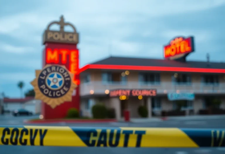 Police badge and caution tape at a motel crime scene