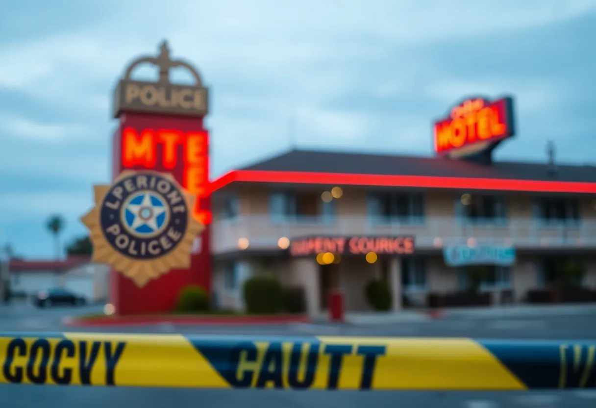 Police badge and caution tape at a motel crime scene