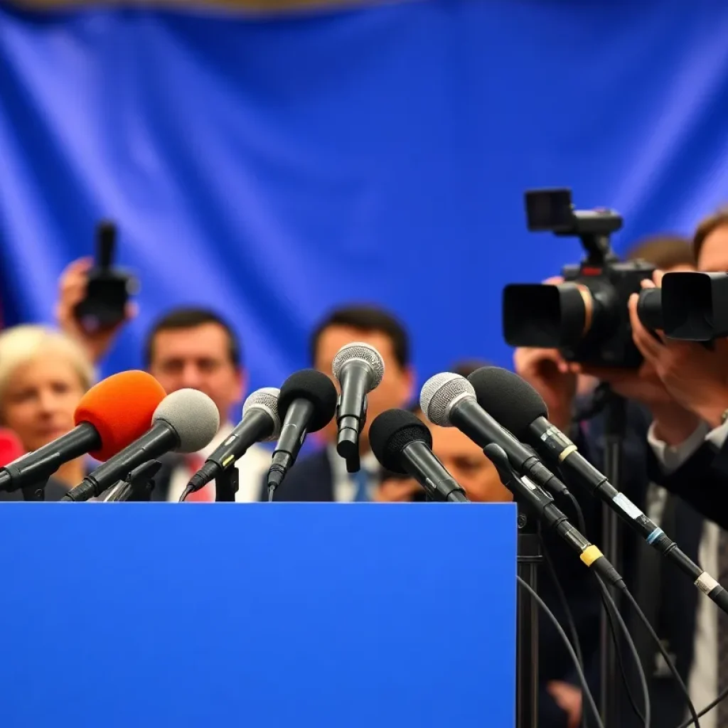 News conference setting featuring microphones and cameras