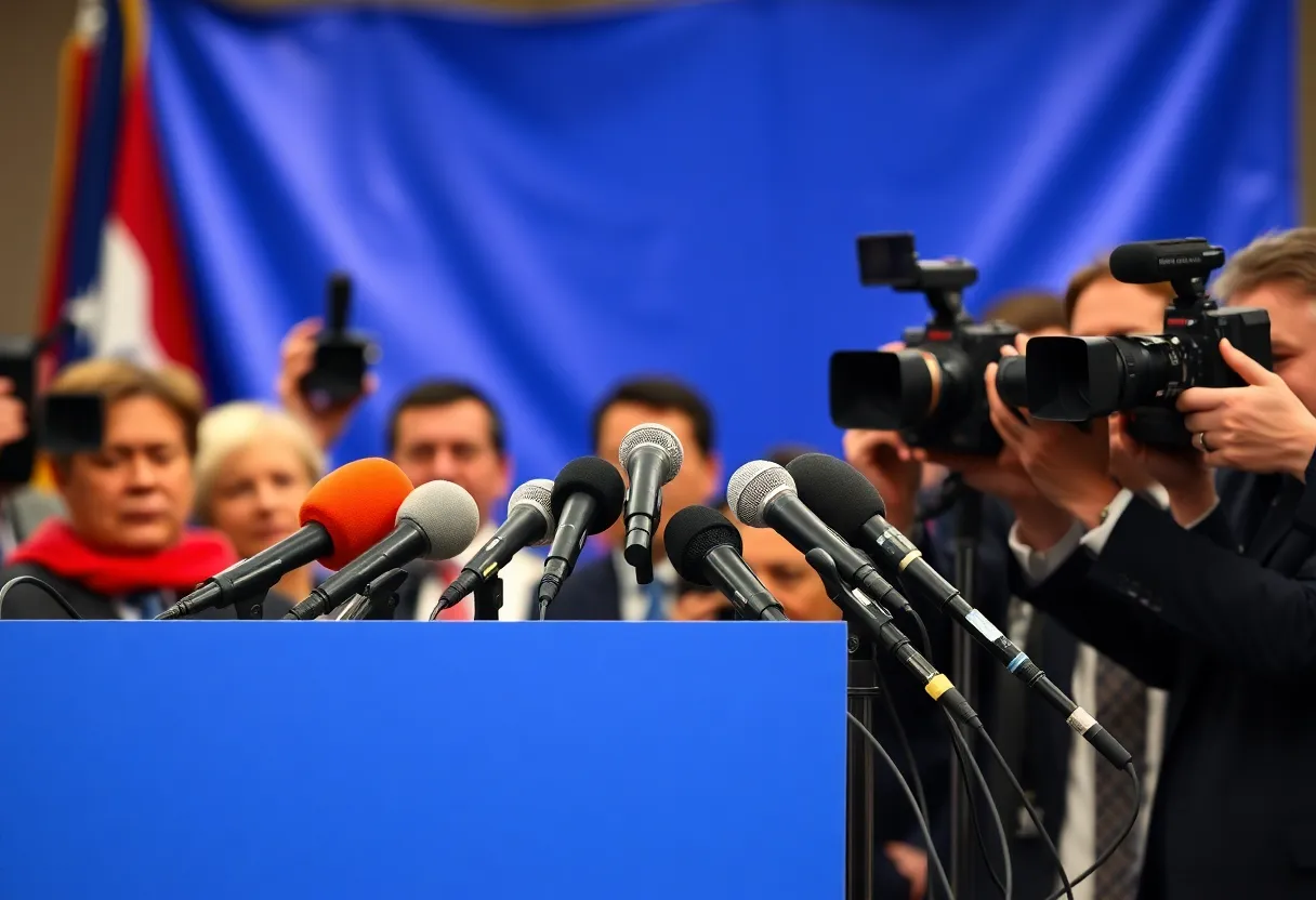 News conference setting featuring microphones and cameras