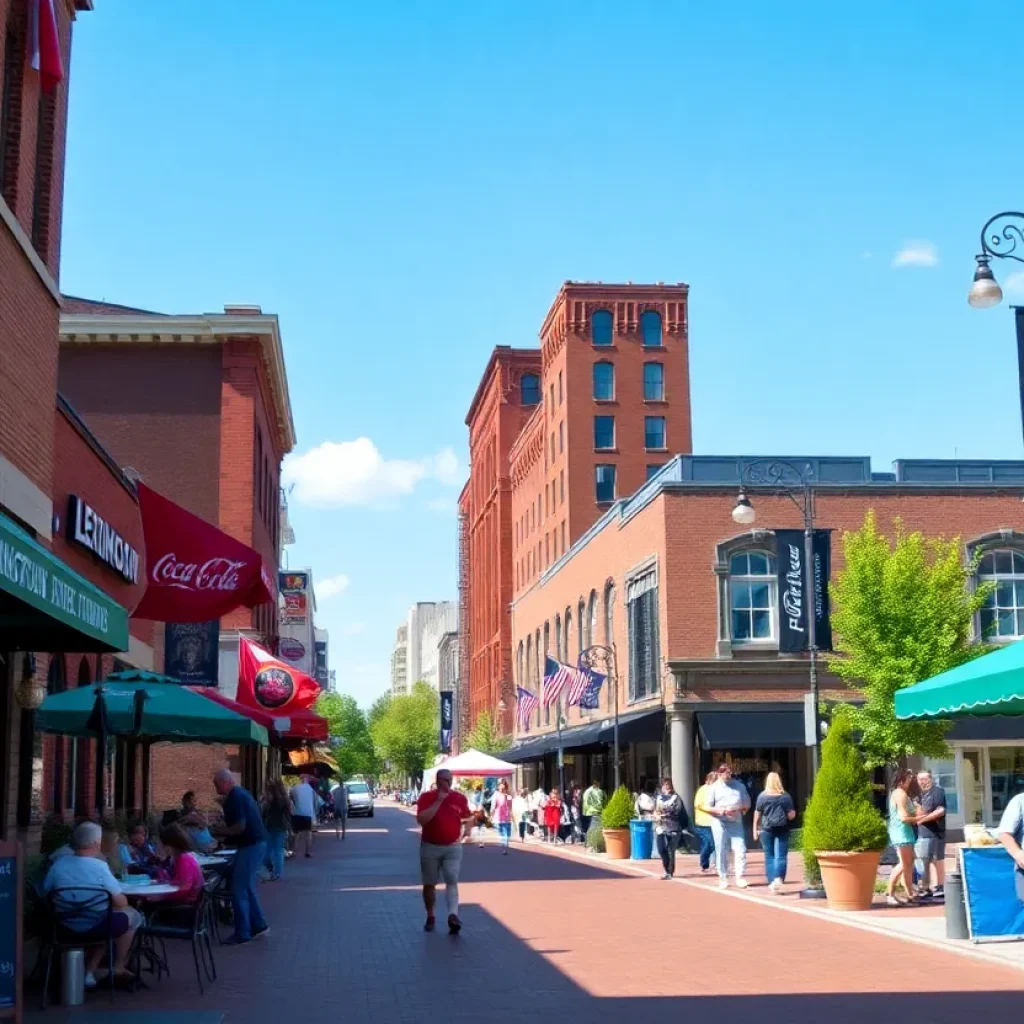 A view of downtown Lexington with people enjoying outdoor activities and dining.