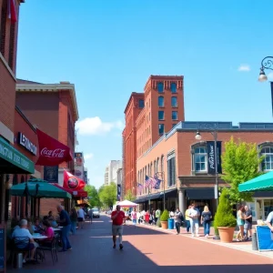 A view of downtown Lexington with people enjoying outdoor activities and dining.