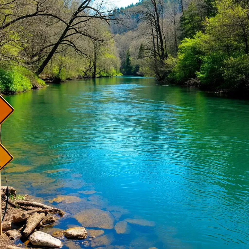 A tranquil view of Elkhorn Creek highlighting safety measures for water activities.