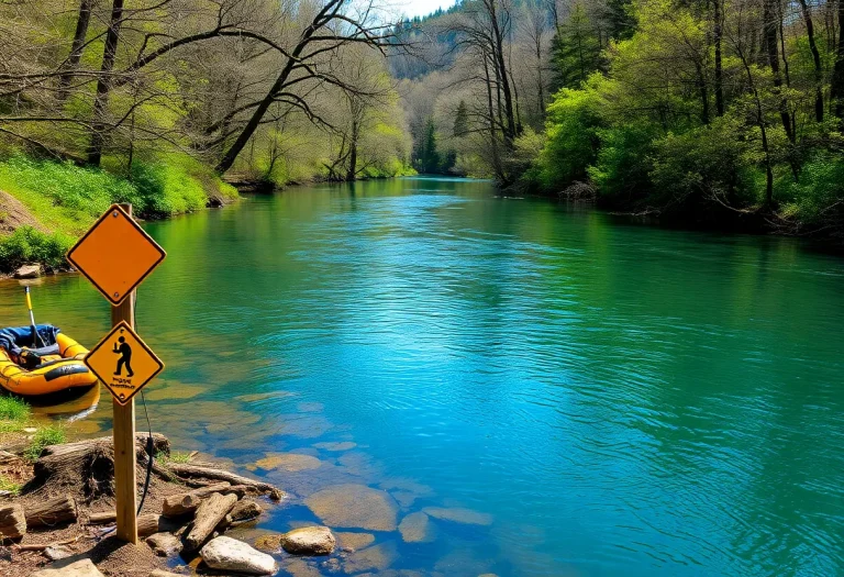 A tranquil view of Elkhorn Creek highlighting safety measures for water activities.
